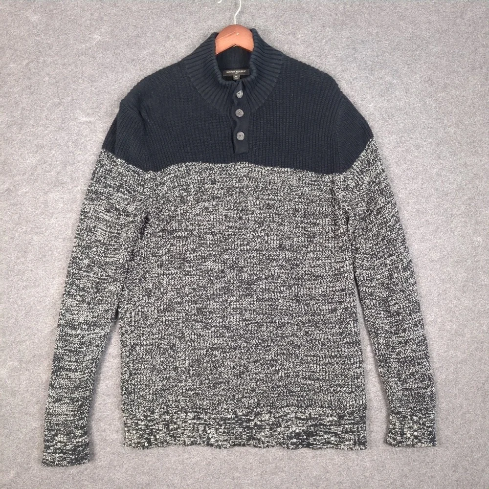 Banana Republic Mens XL Navy Blue Marled Colorblock Mock Neck Button‎ Sweater